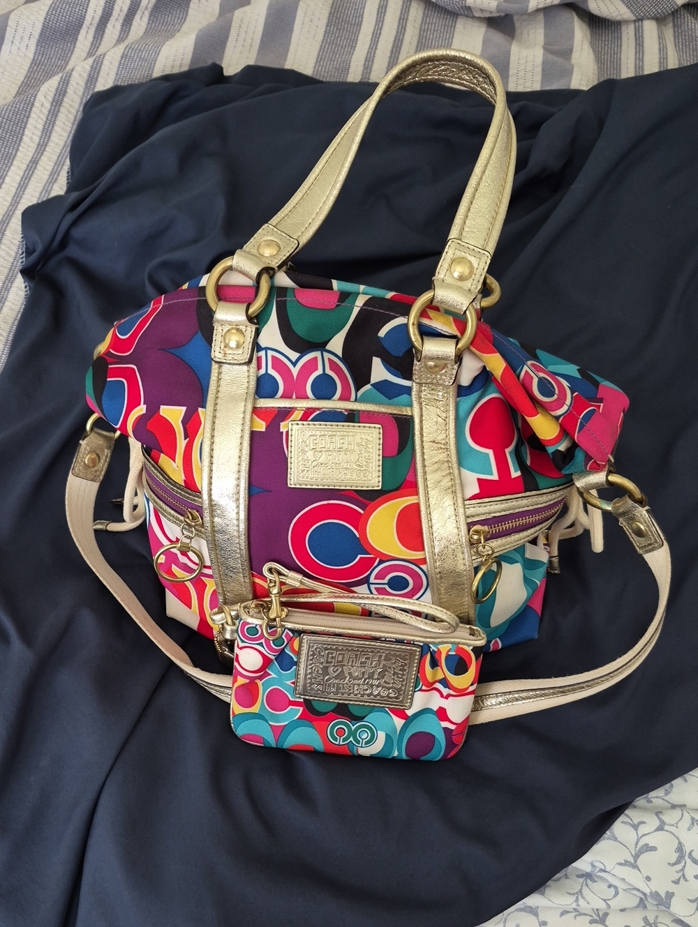 Coach Multicolor Circular Print Shoulder Bag with Gold Straps